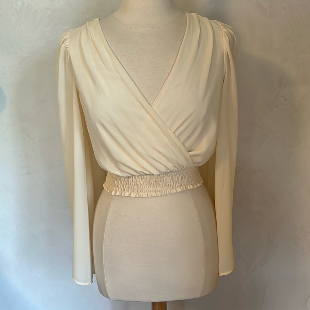 lulus Aura Ivory Smocked Long Flutter Sleeve chiffon top w/elastic waist Size S - Picture 5 of 10